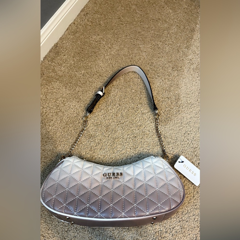 GUESS Metallic Silver Quilted Shoulder Bag